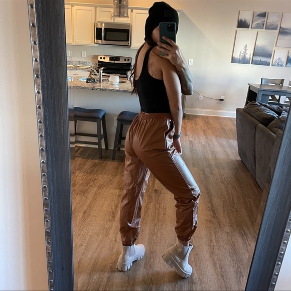Cognac Vegan Leather Joggers - Picture 3 of 6